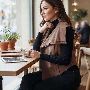 DÄSH by Kardashian Faux Suede Draped Collar Vest – Brown Size XXS